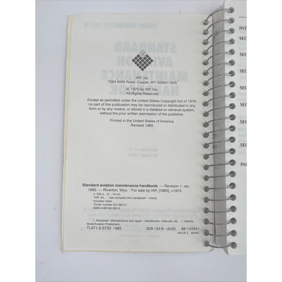 STANDARD AVIATION MAINTENANCE HANDBOOK, 1985, Revised, Spiral Bound EA-282-0 - Picture 4 of 5